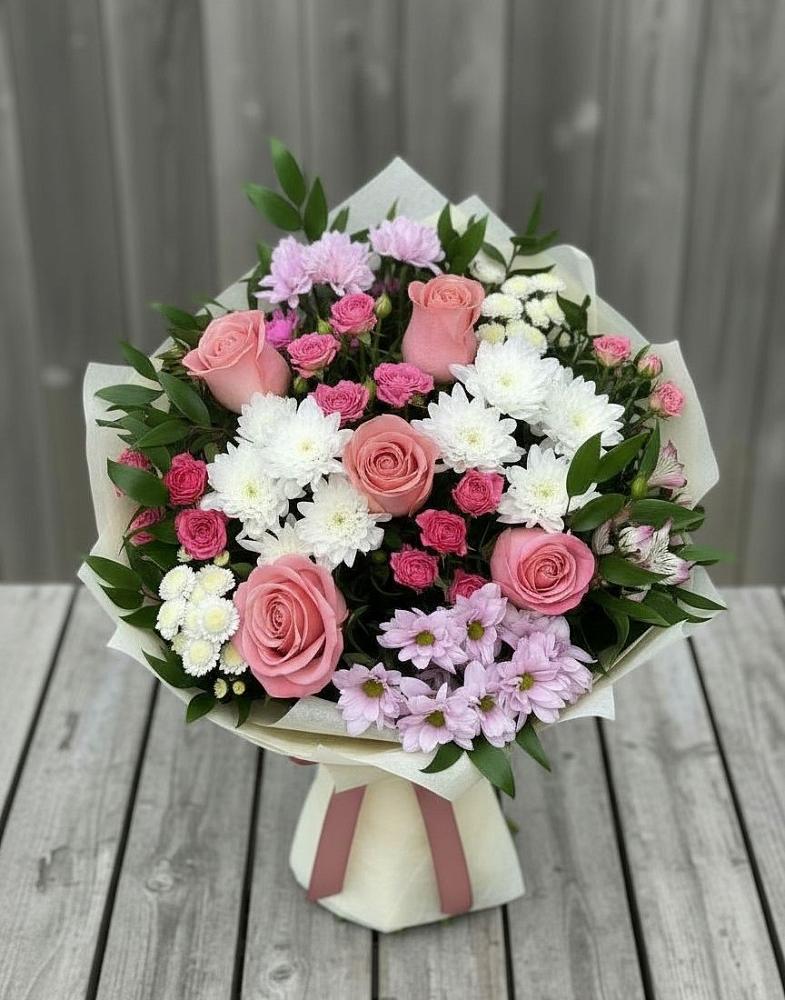 Букет цветов из: Альстромерии, Гвоздики, Розы и Хризантемы в Ишимбае