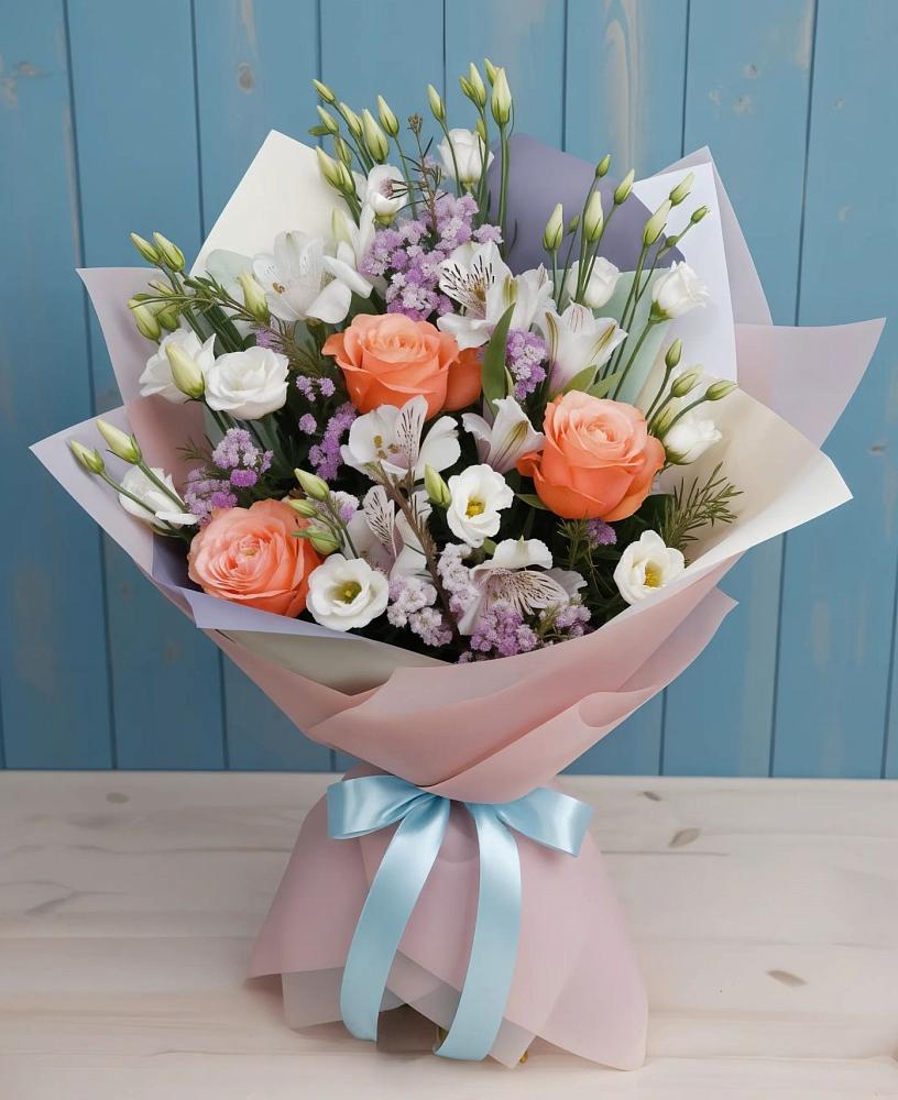 Букет цветов из: Лизиантусы, Розы, Альстромерии и Гипсофила в Ишимбае