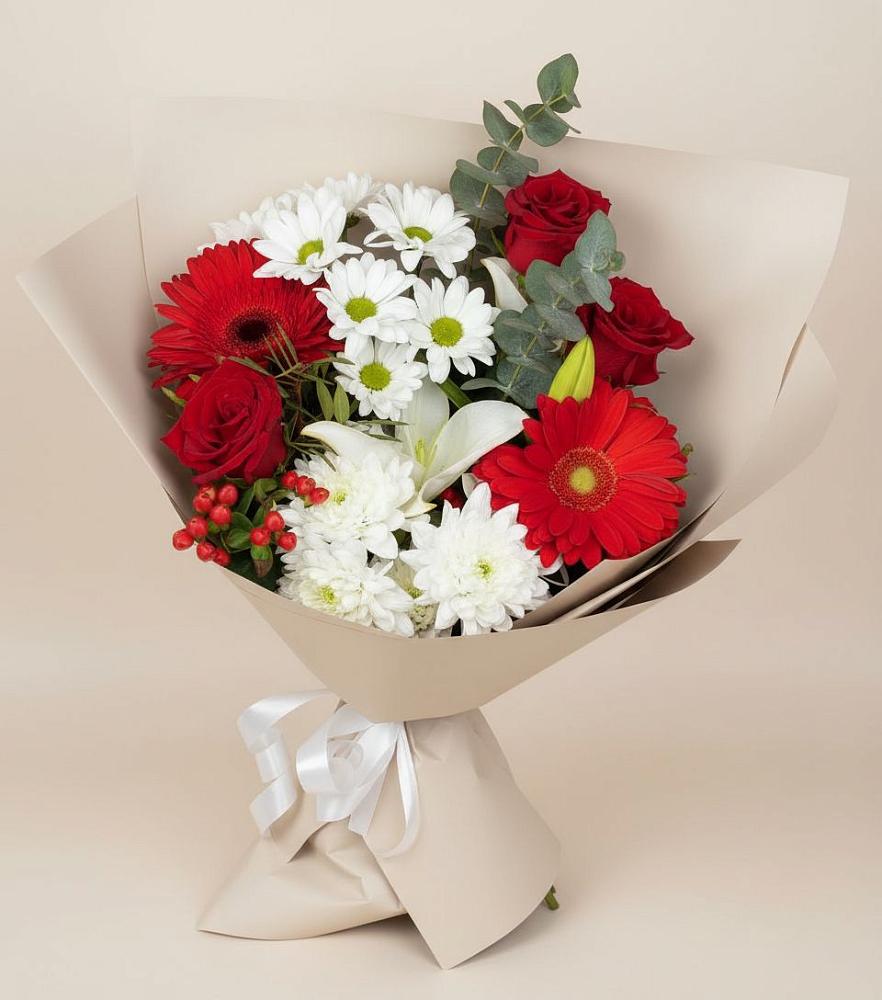 Букет цветов из: Розы, Хризантемы, Герберы и Лилии в Ишимбае